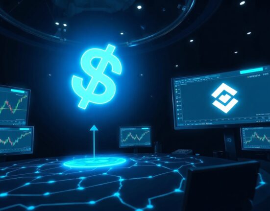 Glowing blue digital dollar sign above a financial network grid representing a large USDC transfer.