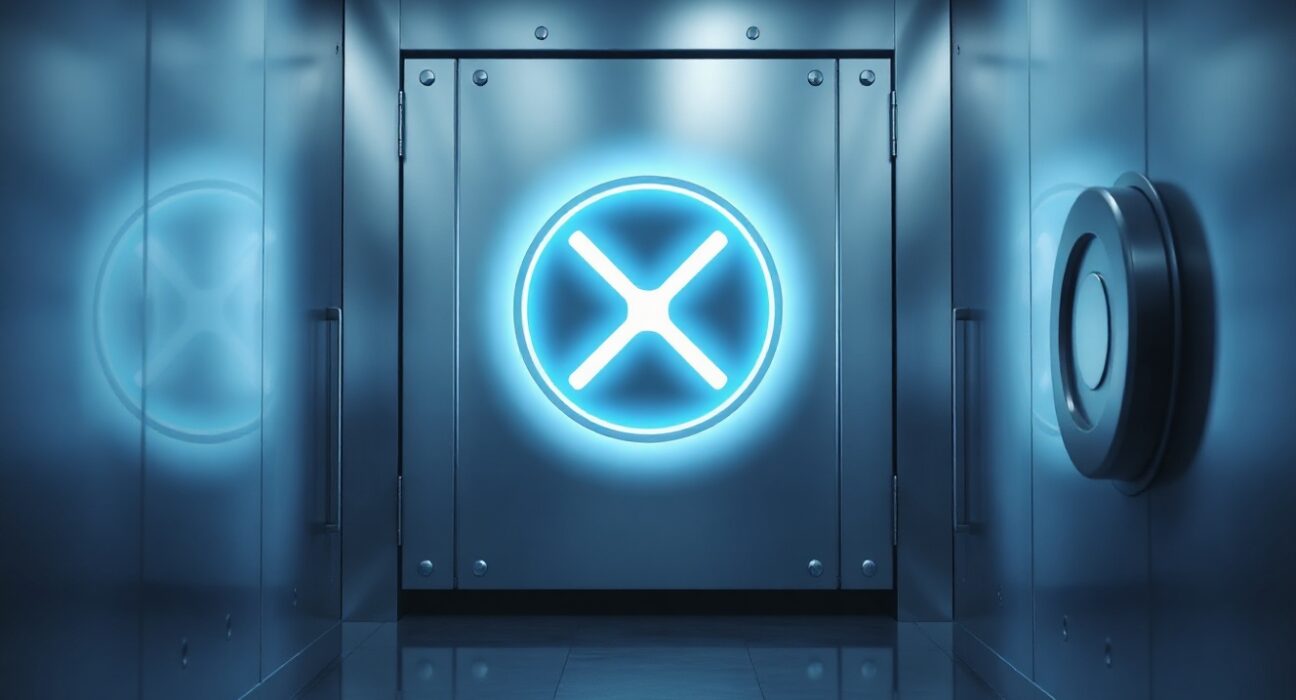 A glowing XRP token inside a secure, high-tech vault, representing the recent escrow unlock by Ripple.