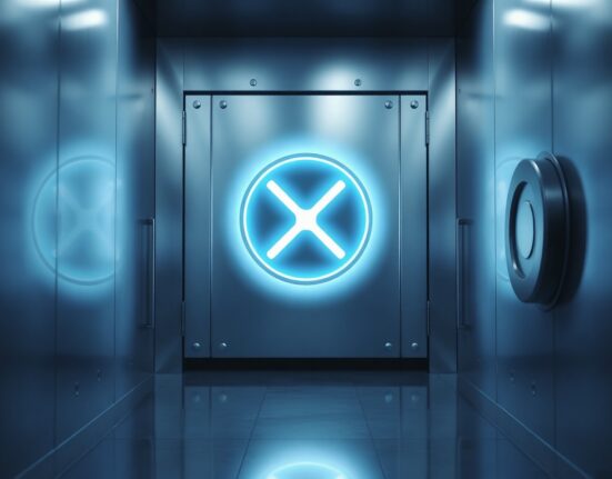 A glowing XRP token inside a secure, high-tech vault, representing the recent escrow unlock by Ripple.