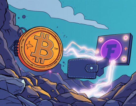 Cartoon illustration symbolizing a significant 2,000 BTC transfer from a mining pool to an anonymous digital wallet, highlighting its mysterious nature.