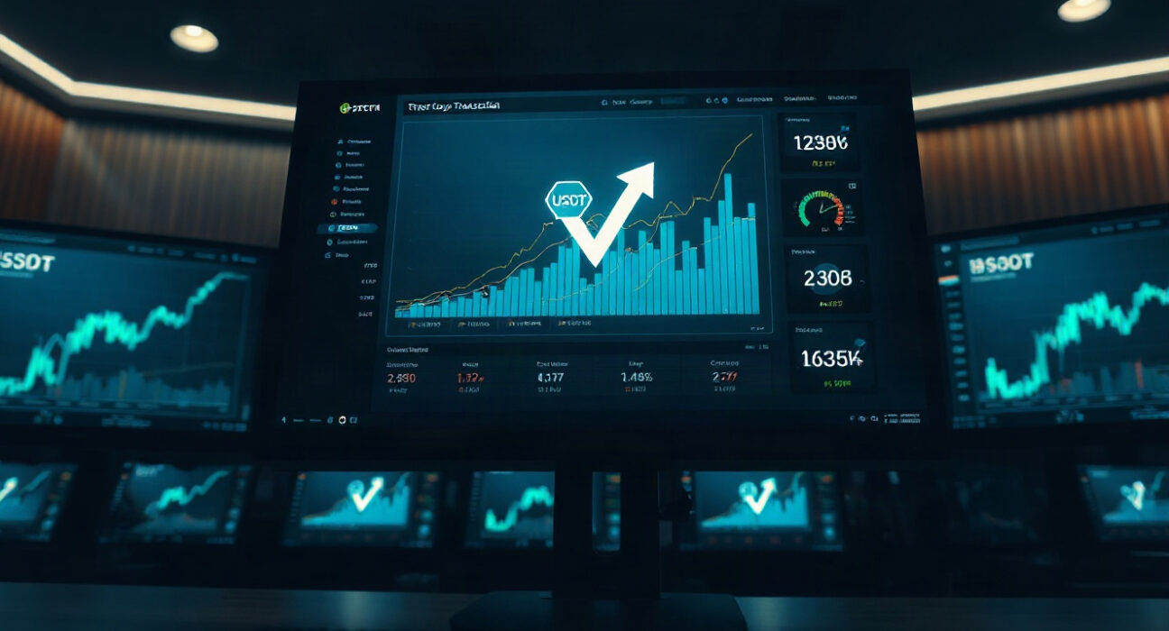 A computer screen showing a large USDT transfer transaction with charts in a dark trading room.