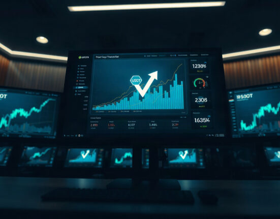A computer screen showing a large USDT transfer transaction with charts in a dark trading room.