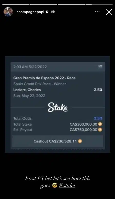 Drake's Bitcoin Formula 1 Bet