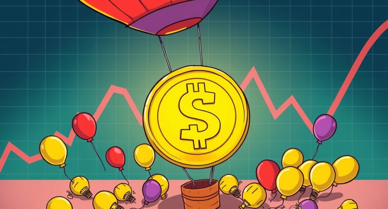 Cartoon illustration showing the alarming decline of token TGEs as deflating investment balloons.