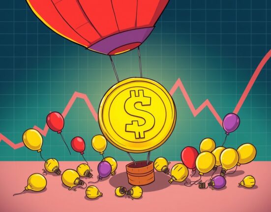 Cartoon illustration showing the alarming decline of token TGEs as deflating investment balloons.