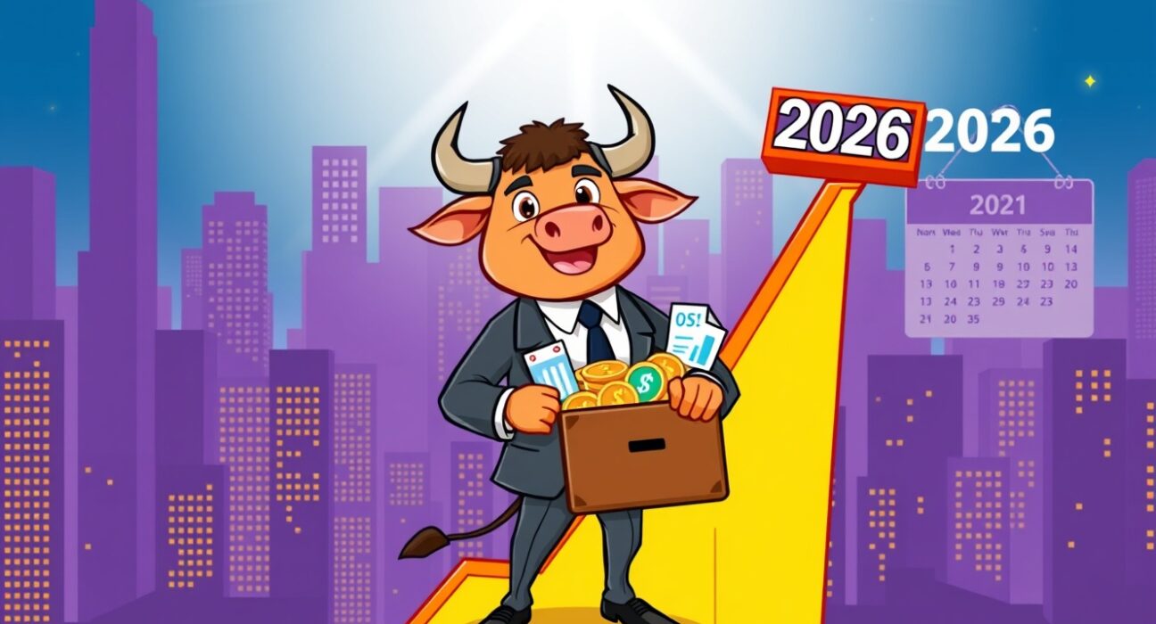 A vibrant cartoon bull character symbolizing the predicted 2026 crypto market bull run, holding digital assets.