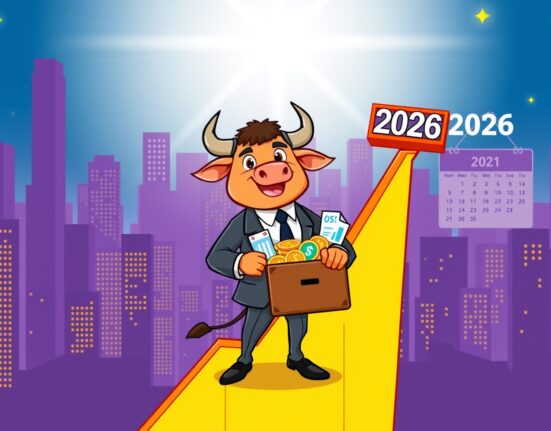A vibrant cartoon bull character symbolizing the predicted 2026 crypto market bull run, holding digital assets.