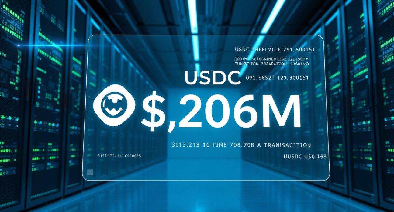 Digital display showing a $206 million USDC transaction in a modern data center, representing a large stablecoin transfer to Paxos.