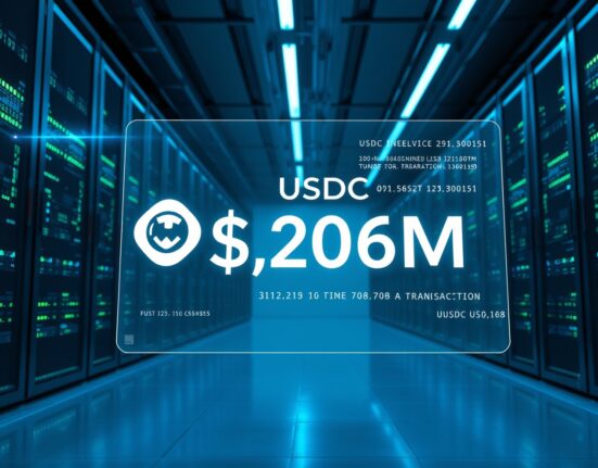 Digital display showing a $206 million USDC transaction in a modern data center, representing a large stablecoin transfer to Paxos.