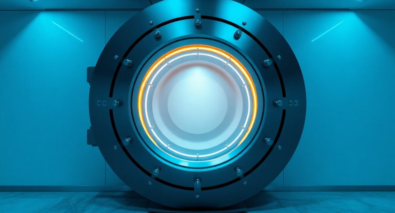 A large, secure bank vault door with a subtle digital glow, representing the burning of 207 million USDC stablecoins at the Treasury.