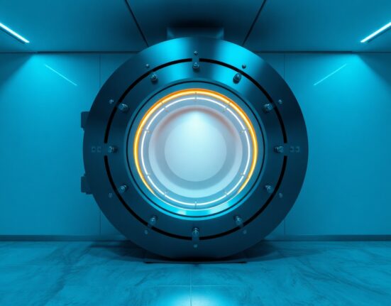A large, secure bank vault door with a subtle digital glow, representing the burning of 207 million USDC stablecoins at the Treasury.