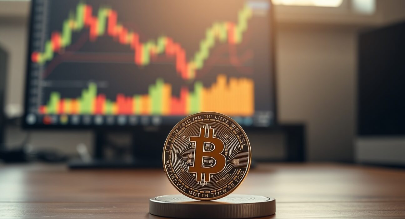Bitcoin coin on a table with a blurred candlestick chart in the background, representing market analysis.