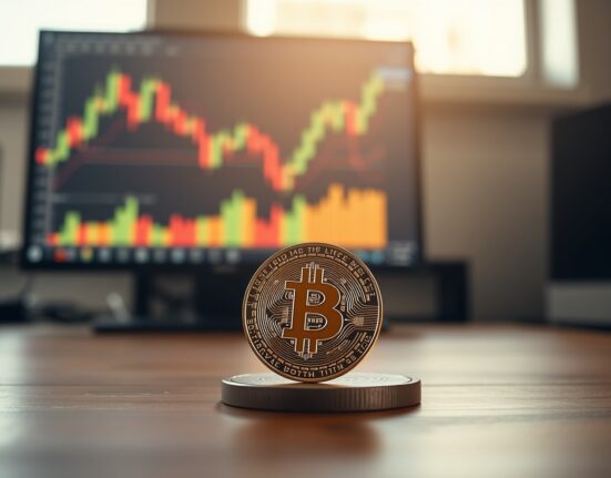 Bitcoin coin on a table with a blurred candlestick chart in the background, representing market analysis.