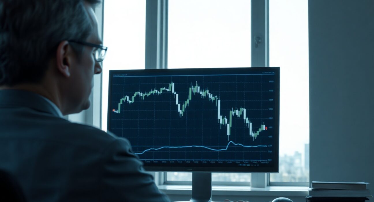 Analyst reviewing Bitcoin price chart in modern office
