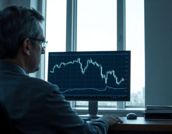 Analyst reviewing Bitcoin price chart in modern office