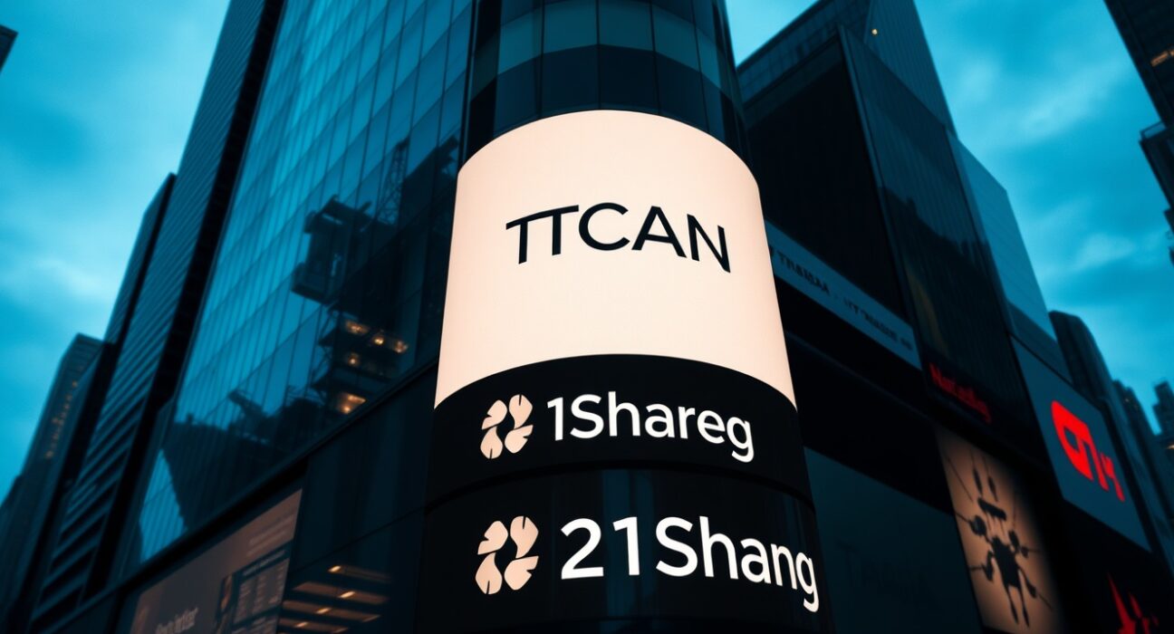 Nasdaq tower in Times Square displaying TCAN ticker symbol for 21Shares Canton ETF
