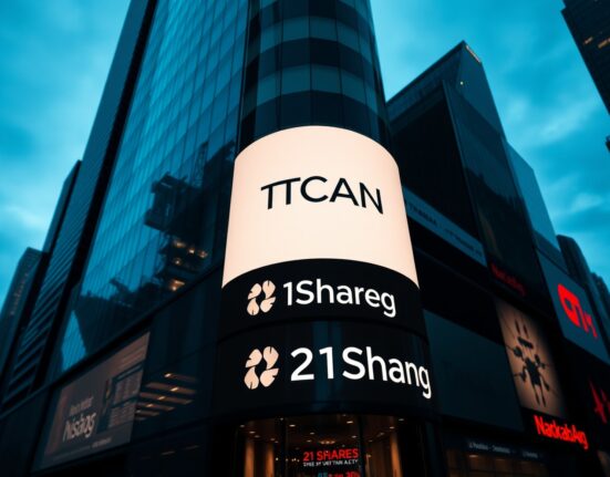 Nasdaq tower in Times Square displaying TCAN ticker symbol for 21Shares Canton ETF