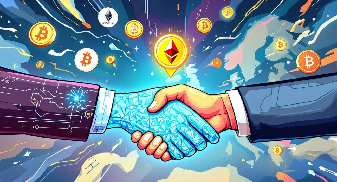 A symbolic handshake between crypto and traditional finance, representing the strategic partnership enhancing Crypto ETP liquidity and institutional adoption for Crypto ETPs.
