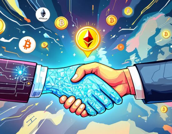 A symbolic handshake between crypto and traditional finance, representing the strategic partnership enhancing Crypto ETP liquidity and institutional adoption for Crypto ETPs.