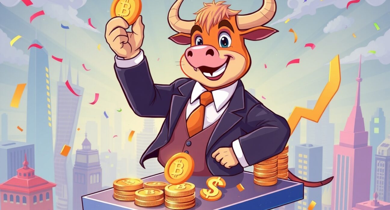 Joyful bull listing revolutionary crypto ETPs on stock exchange platform with colorful digital assets