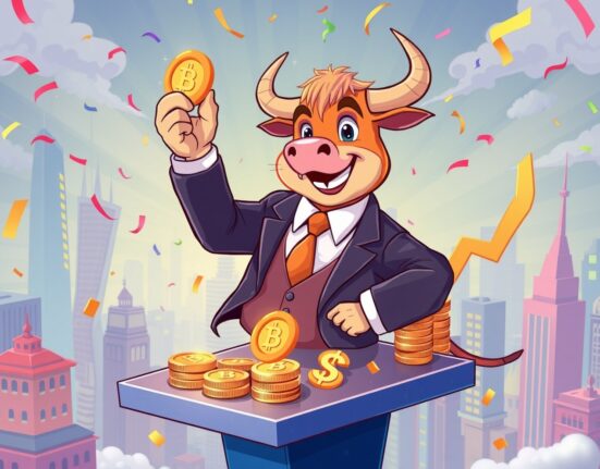 Joyful bull listing revolutionary crypto ETPs on stock exchange platform with colorful digital assets