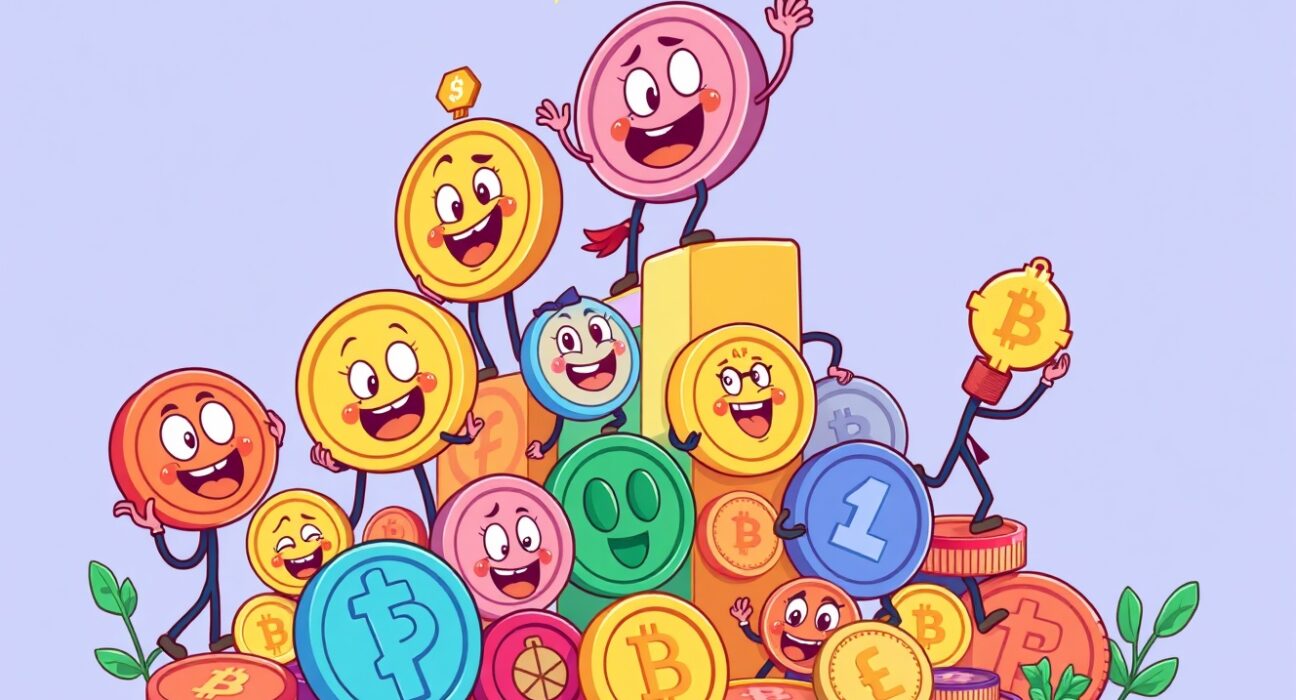 Diverse cryptocurrency coins climbing growth chart representing new crypto index funds diversification