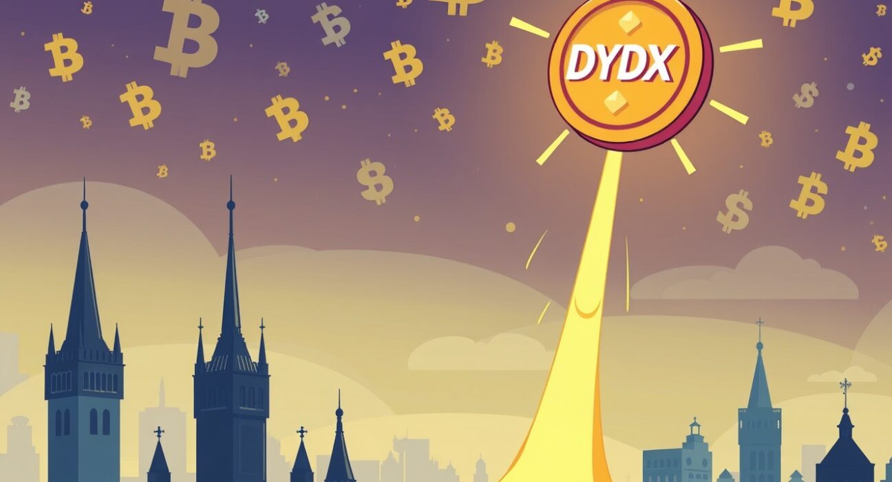A cartoon illustration depicting the launch of a dYdX ETP, symbolizing new crypto investment opportunities in Europe.