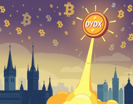 A cartoon illustration depicting the launch of a dYdX ETP, symbolizing new crypto investment opportunities in Europe.