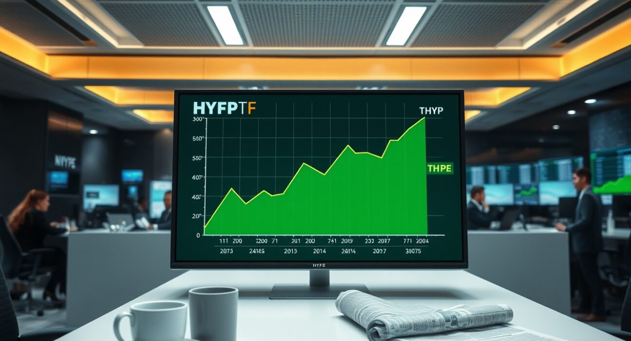 Digital screen showing HYPE ETF chart with upward trend on a modern trading desk
