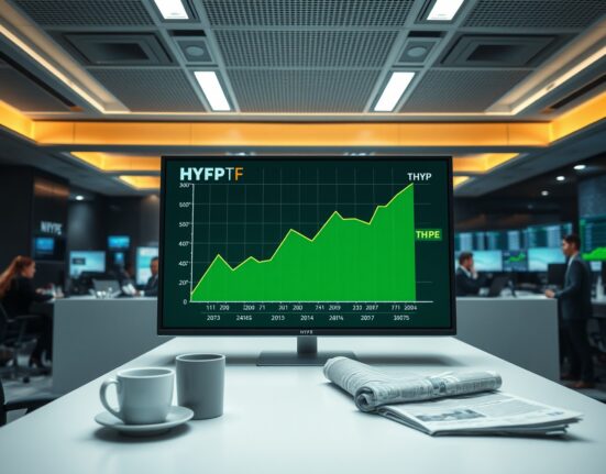 Digital screen showing HYPE ETF chart with upward trend on a modern trading desk