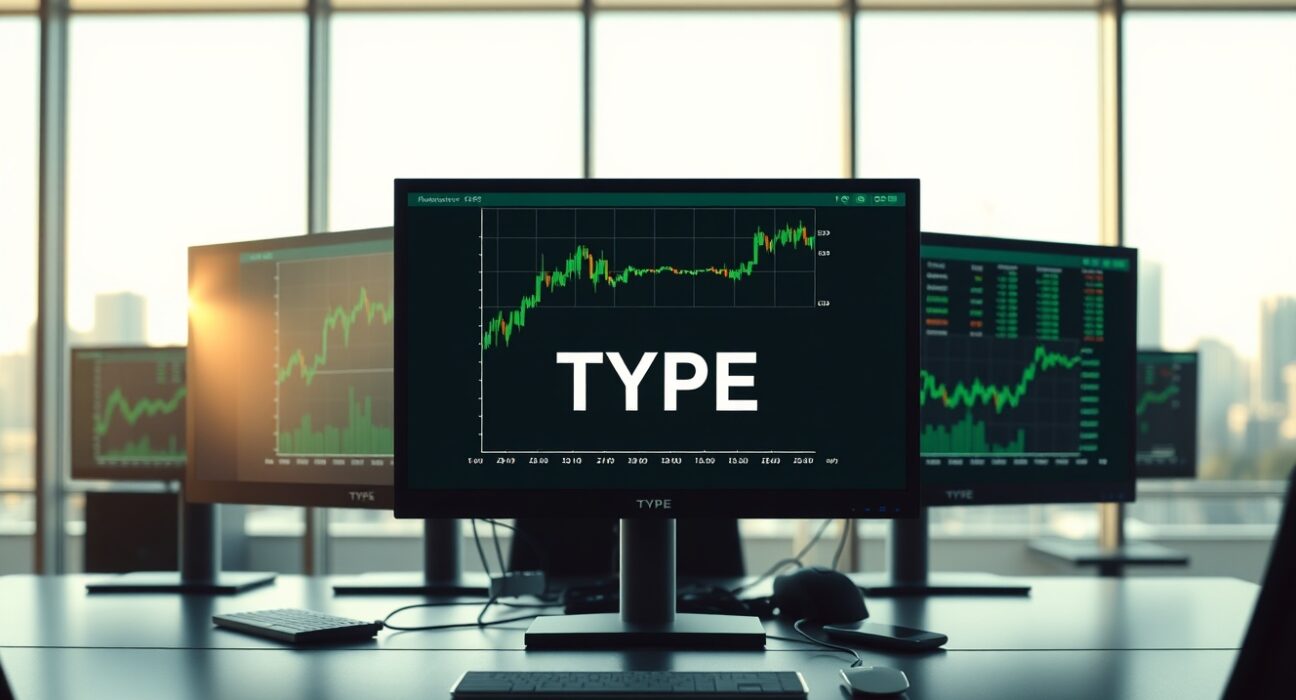 A professional trading desk with a monitor showing the TYPE ticker symbol for the new 21Shares Hyperliquid ETF.