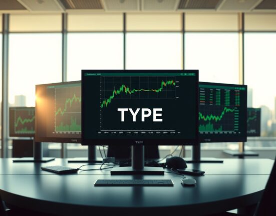 A professional trading desk with a monitor showing the TYPE ticker symbol for the new 21Shares Hyperliquid ETF.