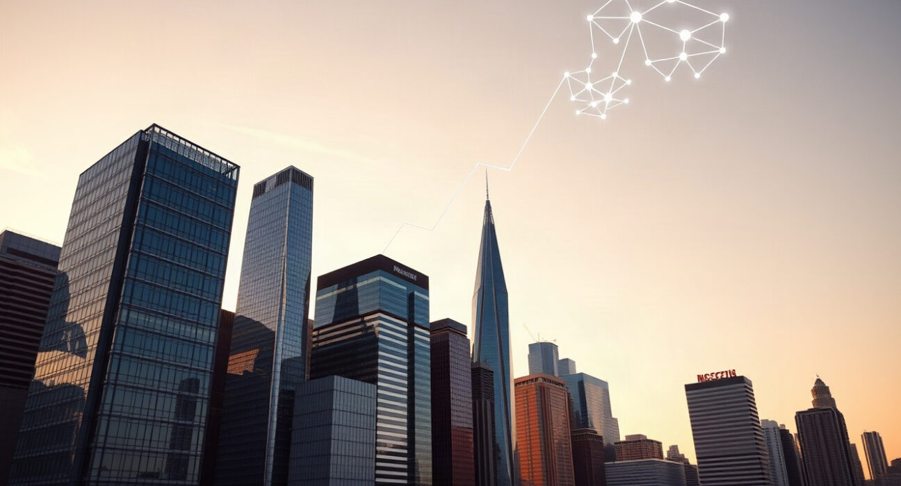 Financial district skyline with digital network overlay representing Polkadot ETF staking