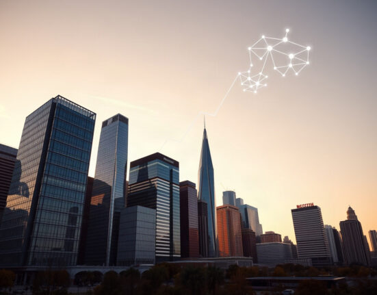 Financial district skyline with digital network overlay representing Polkadot ETF staking