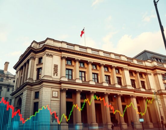 London Stock Exchange building exterior with digital stock ticker overlay representing STRC listing