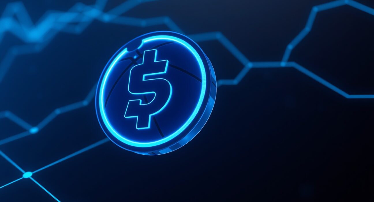 Digital illustration of a large USDC stablecoin transfer between financial platforms.
