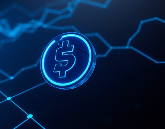 Digital illustration of a large USDC stablecoin transfer between financial platforms.