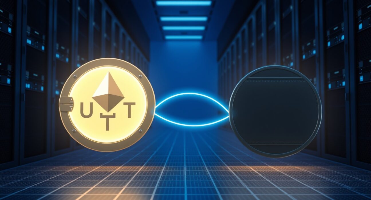 Digital illustration of a large USDT transfer from Ethena to an anonymous wallet in a data center.
