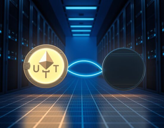 Digital illustration of a large USDT transfer from Ethena to an anonymous wallet in a data center.