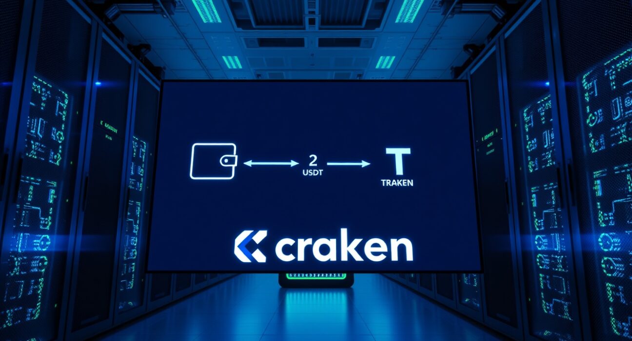 Digital screen in a data center showing a USDT transaction from an unknown wallet to the Kraken exchange.