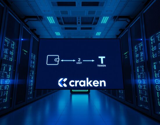 Digital screen in a data center showing a USDT transaction from an unknown wallet to the Kraken exchange.