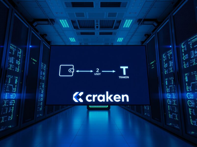 Digital screen in a data center showing a USDT transaction from an unknown wallet to the Kraken exchange.