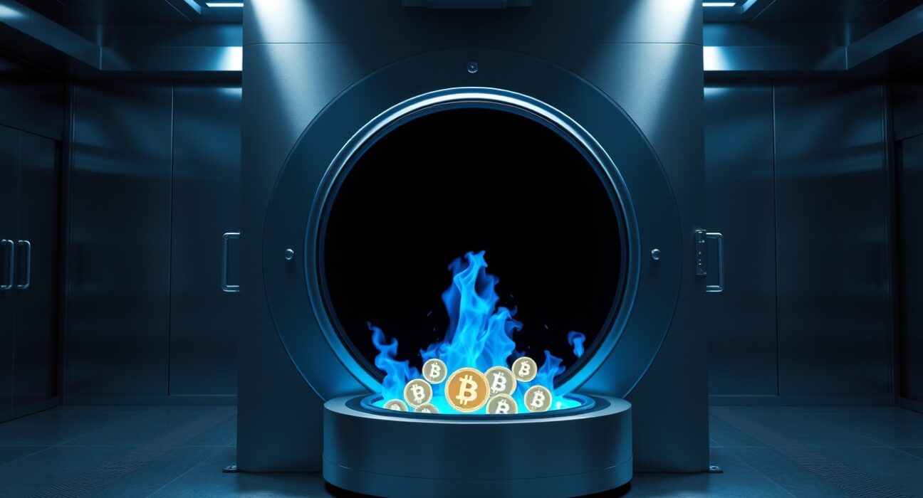 Blue flame inside an industrial furnace representing the burning of 234 million USDC stablecoin tokens.