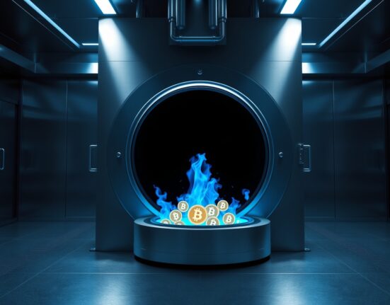 Blue flame inside an industrial furnace representing the burning of 234 million USDC stablecoin tokens.