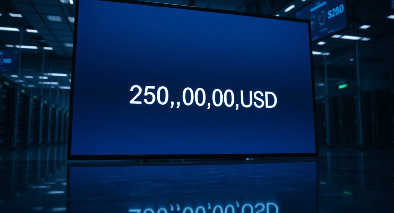 Digital display showing a 250,000,000 USDC cryptocurrency transaction confirmation in a trading environment.
