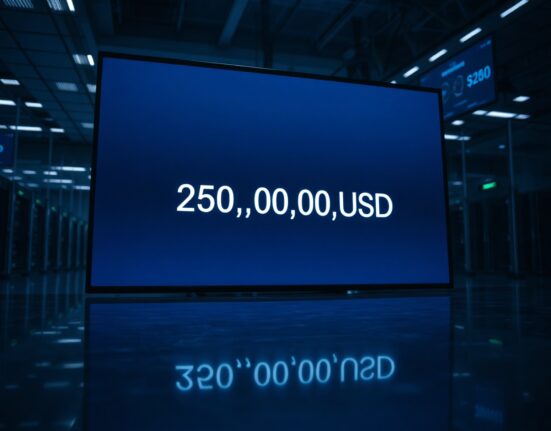 Digital display showing a 250,000,000 USDC cryptocurrency transaction confirmation in a trading environment.