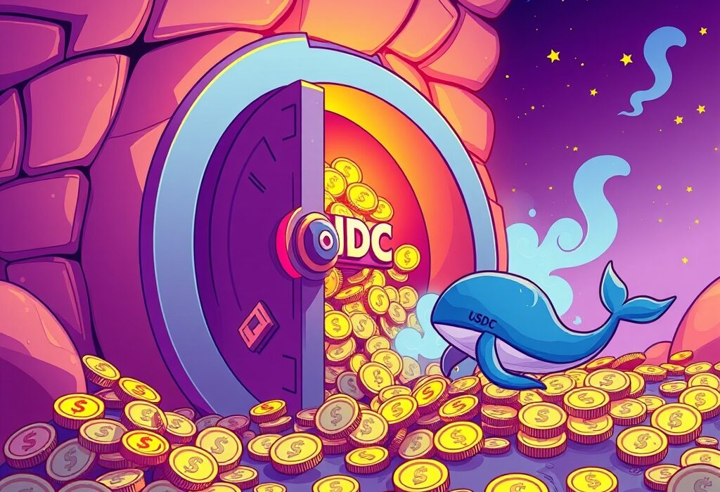 A cartoon illustration showing a large vault with 250 million USDC minted, symbolizing increased stablecoin supply and market liquidity.