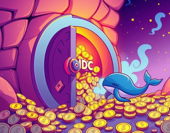 A cartoon illustration showing a large vault with 250 million USDC minted, symbolizing increased stablecoin supply and market liquidity.