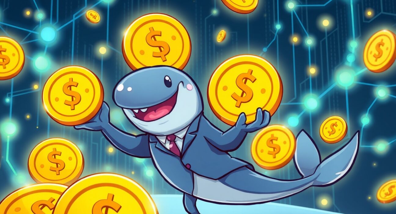Massive USDC minted whale swimming through blockchain network with coins flowing