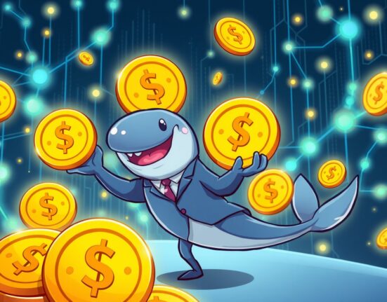 Cartoon illustration explaining the massive 250 million USDC minted as a whale juggles digital coins on a blockchain.